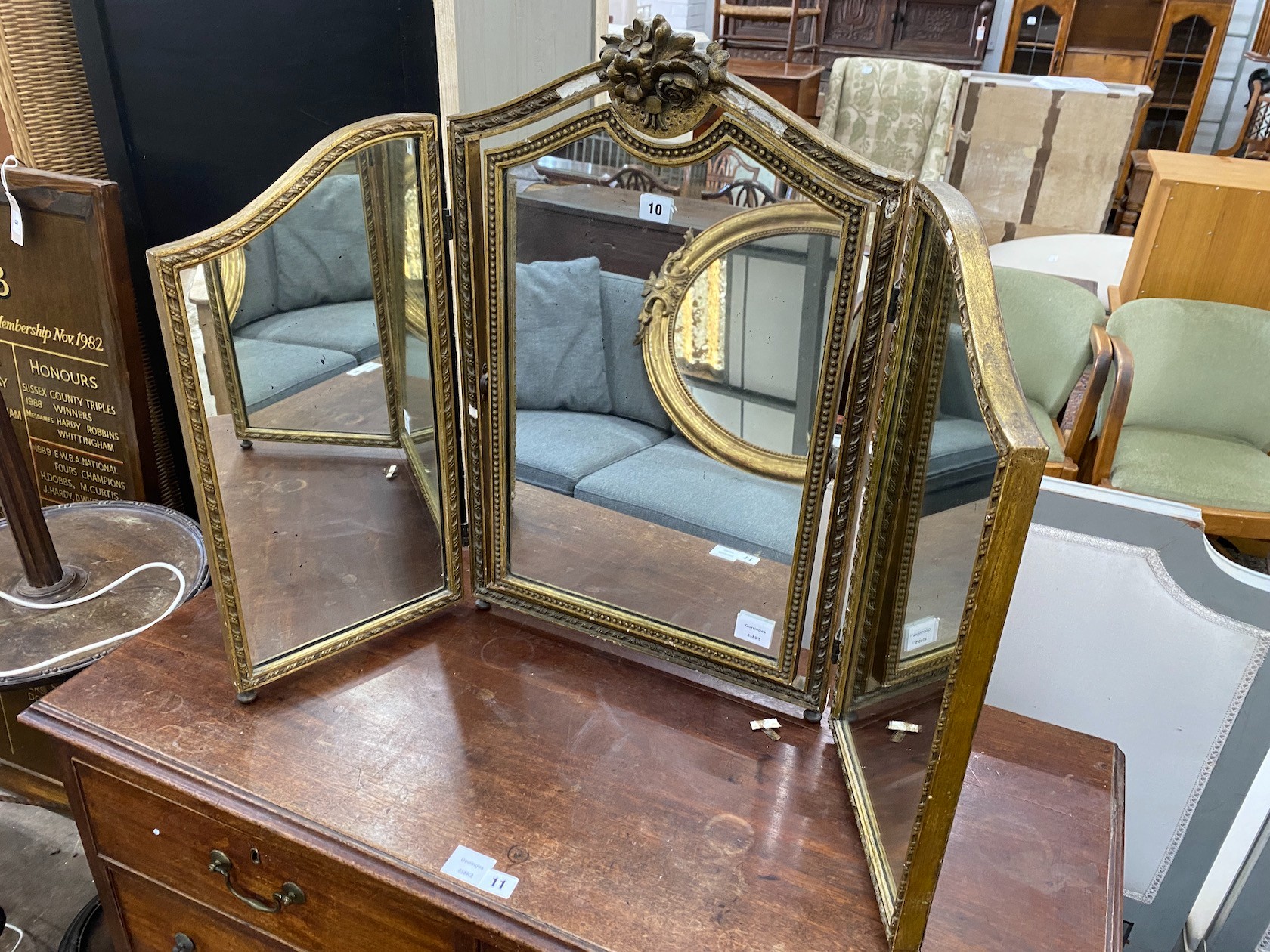 A giltwood and composition triple dressing table mirror, height 69cm